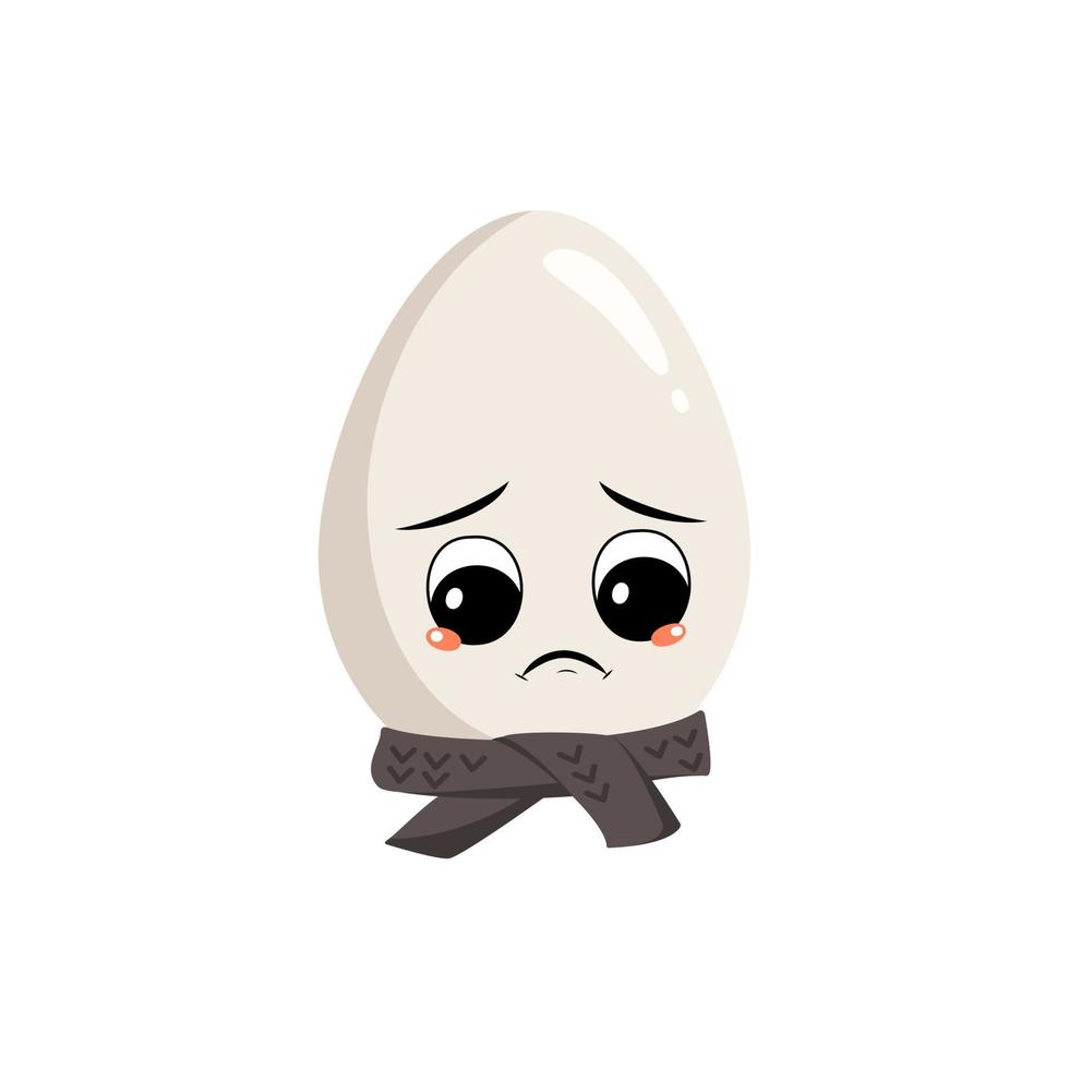 lindo personaje de huevo con emociones tristes, cara deprimida, ojos caídos y bufanda. decoración festiva para pascua. un travieso héroe culinario. ilustración plana vectorial vector