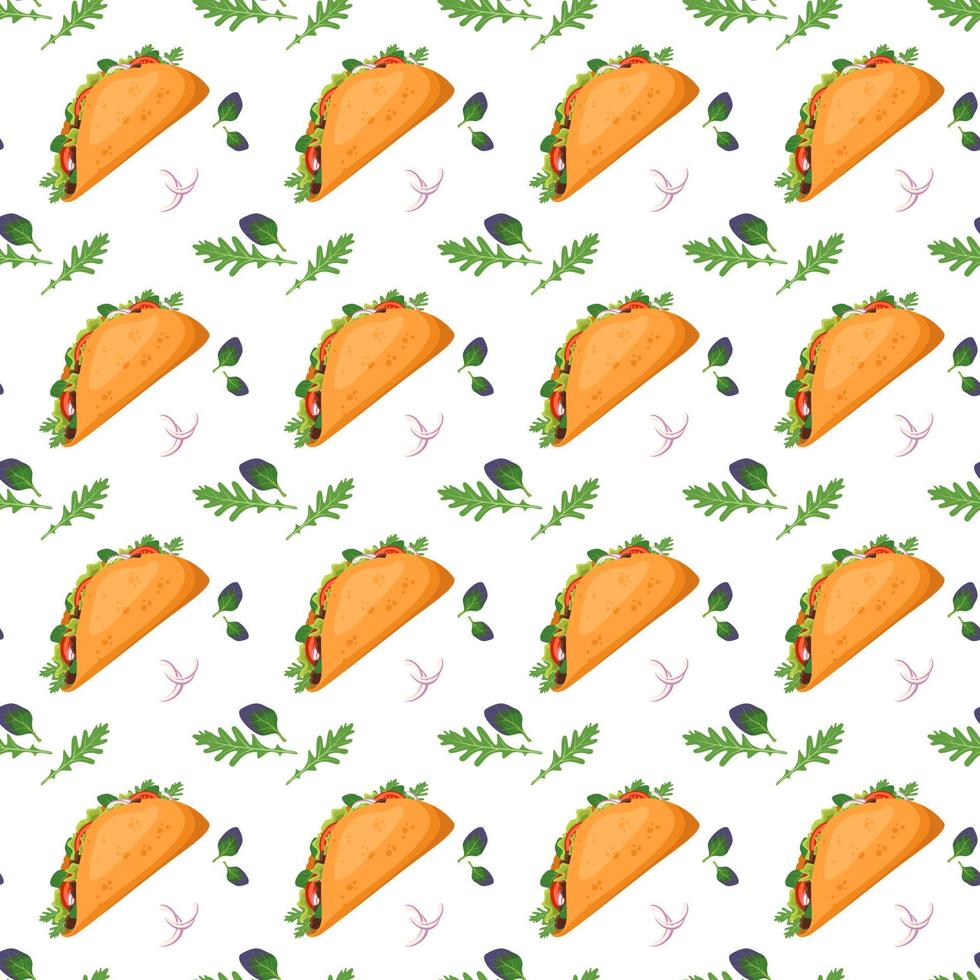 Seamless pattern with Mexican traditional taco food and green spinach. Fast food print for restaurant, cafe and design on white background. Vector flat illustration