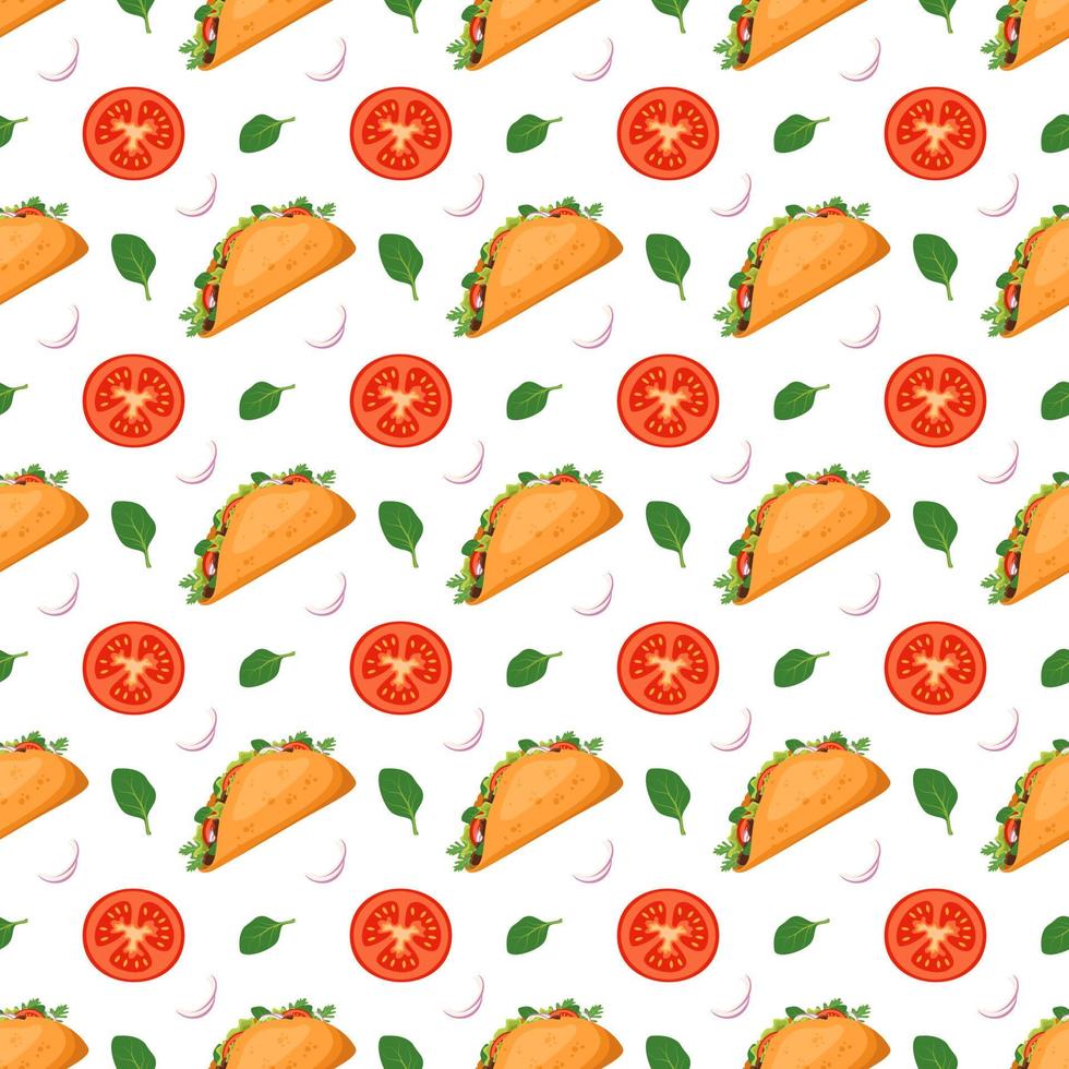 Seamless pattern with Mexican traditional taco food and green spinach. Fast food print for restaurant, cafe and design on white background. Vector flat illustration