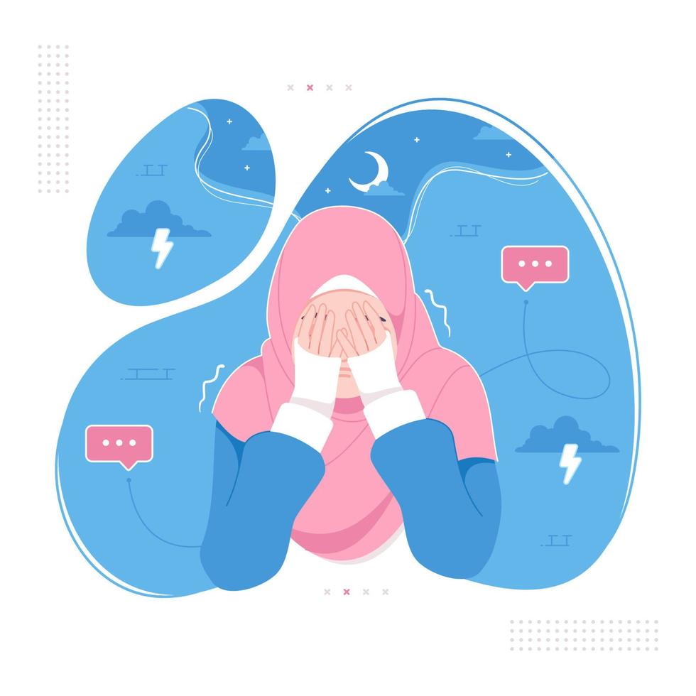 ansiedad y pensamiento excesivo personaje de dibujos animados de niña hijab vector