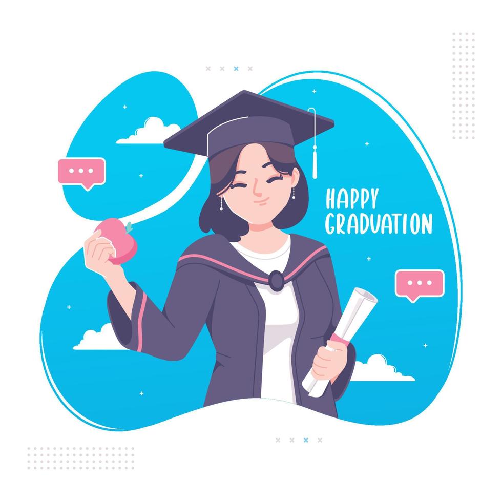 happy graduation cute girl cartoon character illustration vector