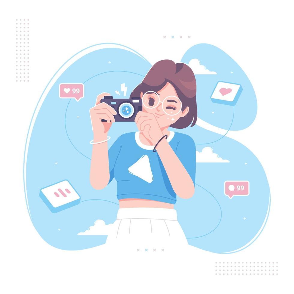 cute girl cartoon character holding camera vector