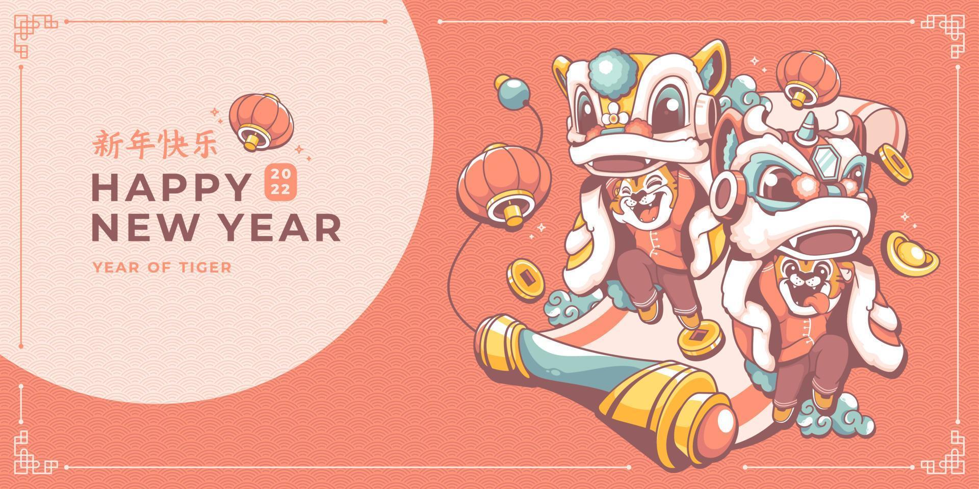 feliz año nuevo chino con hermoso diseño de banner de ilustración china gong xi fa cai letras chinas significa desearles felicidad y prosperidad vector