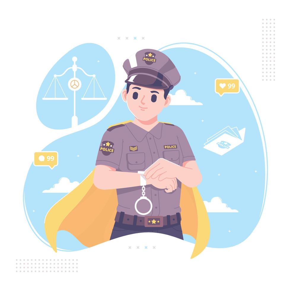 Ilustración de vector de personaje de dibujos animados de policía de superhéroe