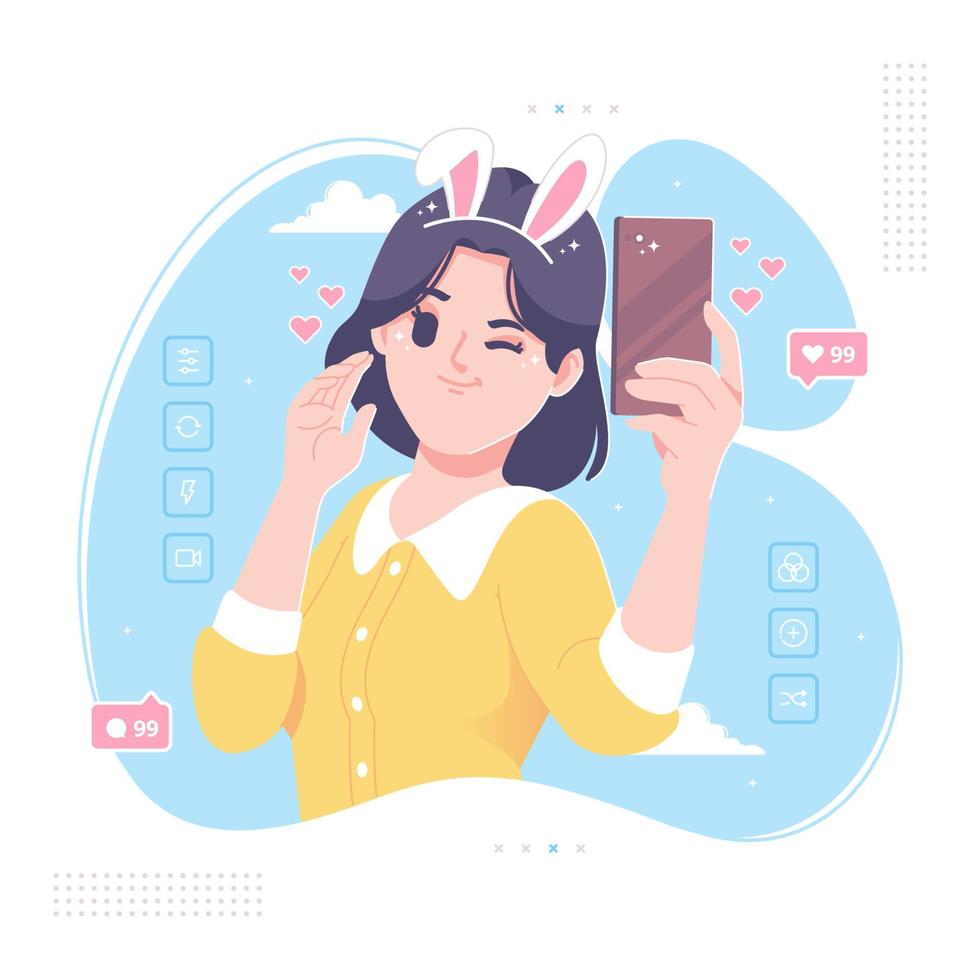 linda chica selfie con ilustración de efecto de filtro de cámara vector