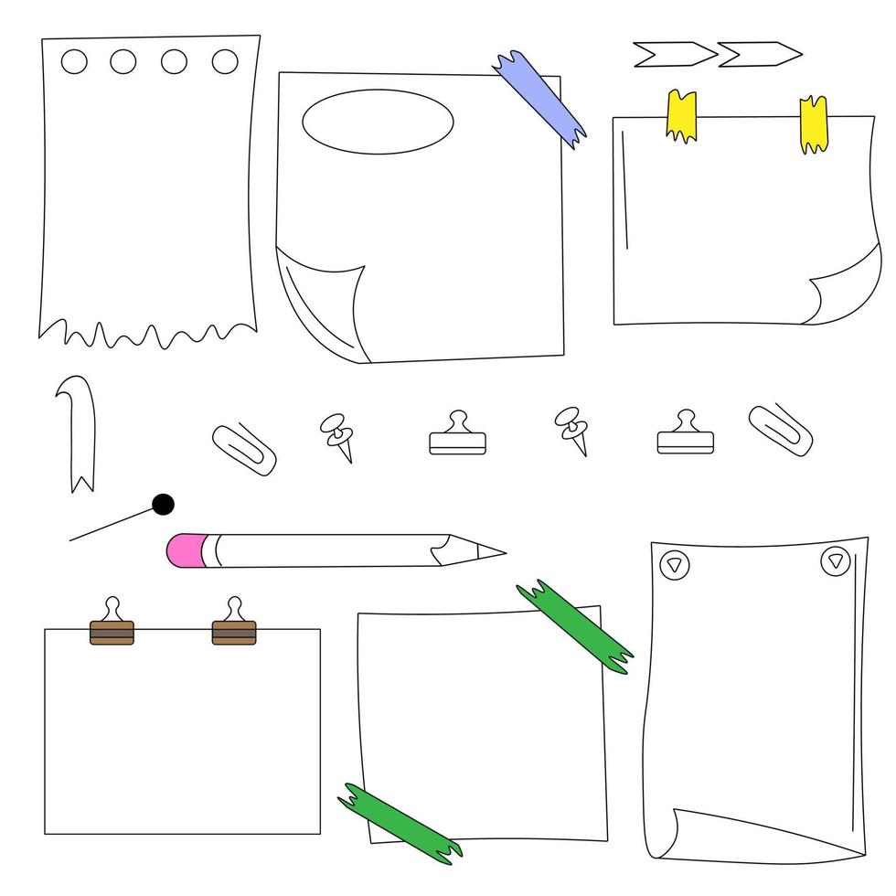 coloque garabatos vectoriales de elementos diarios, bloc de notas, hojas de papel con esquinas curvas, con lápiz y papelería: clip de papel, alfileres, botones y cinta adhesiva. nota de papel dibujada a mano pegajosa. vector