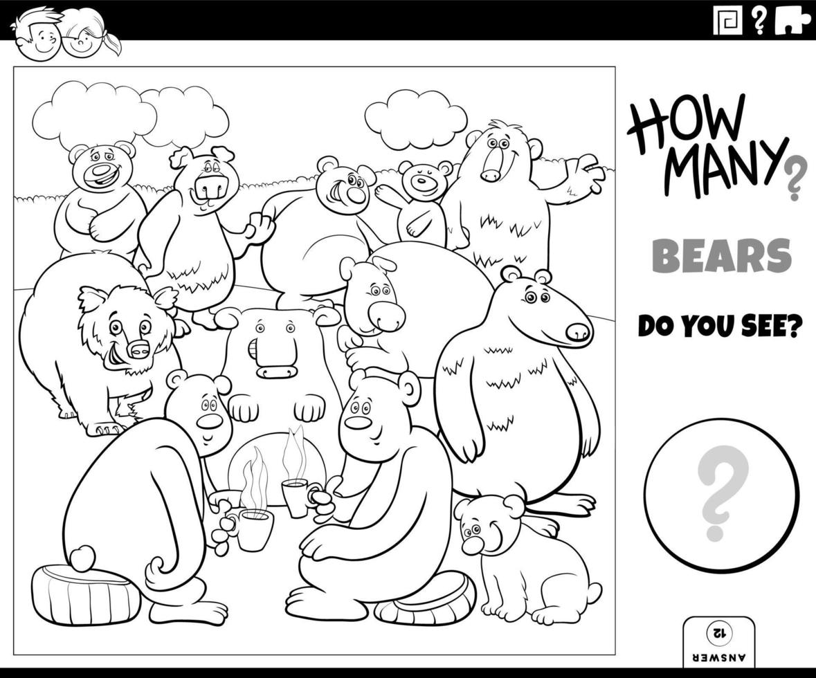 counting cartoon bears educational task coloring book page vector