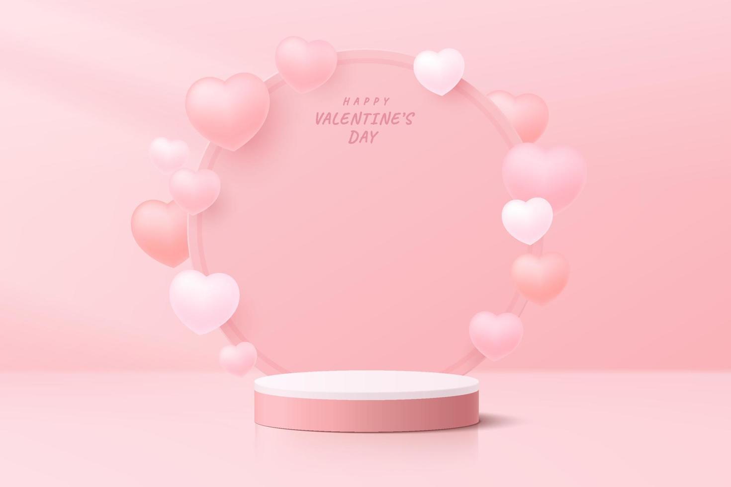 podio de pedestal de cilindro 3d rosa realista con fondo de círculo y forma de corazón de globos flotantes. escena de pasteles de san valentín para exhibición de productos, exhibición de promoción. diseño de plataforma de habitación abstracta de vector