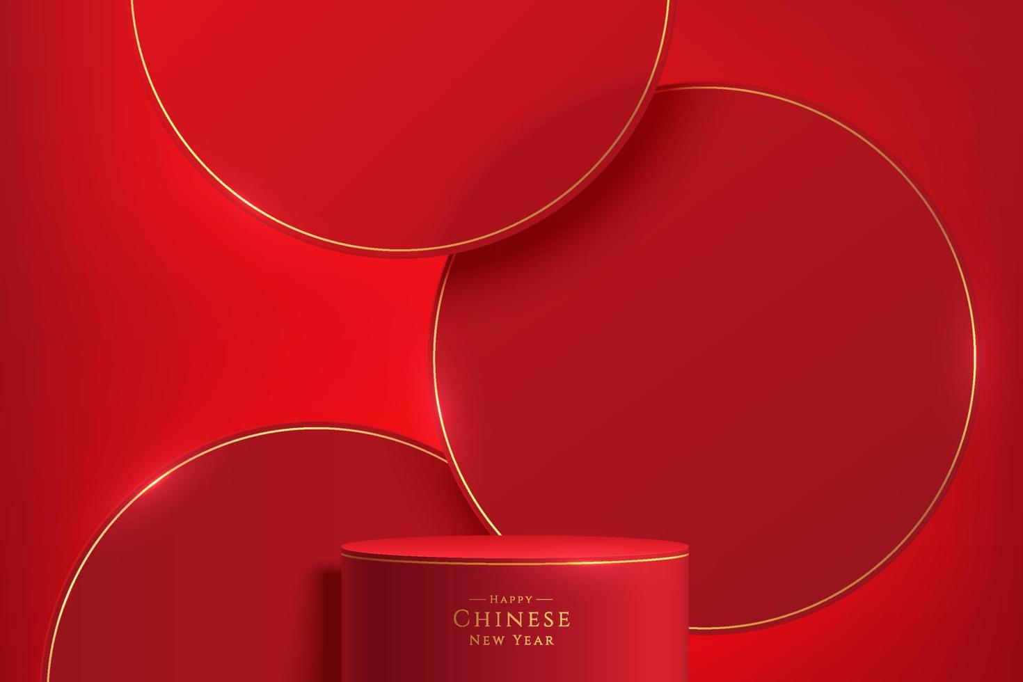 Realistic dark red and gold 3D cylinder stand podium with red circle overlap backdrop. Minimal scene for products showcase, Promotion display. Abstract studio room platform. Happy lantern day concept. vector
