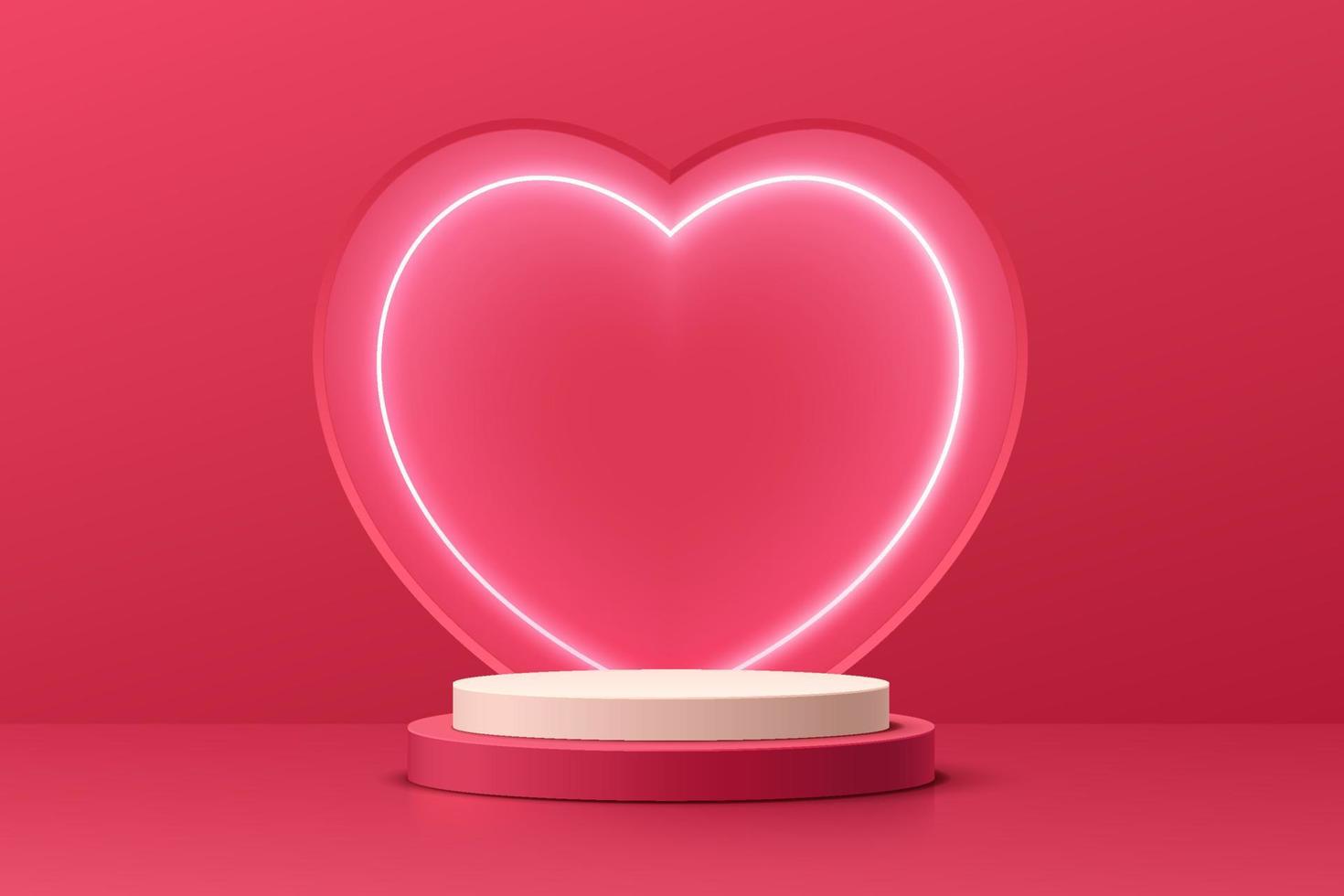 Realistic red 3D cylinder pedestal podium with illuminate lamp heart shape background. Valentine minimal scene for products showcase, Promotion display. Vector abstract studio room  platform design.