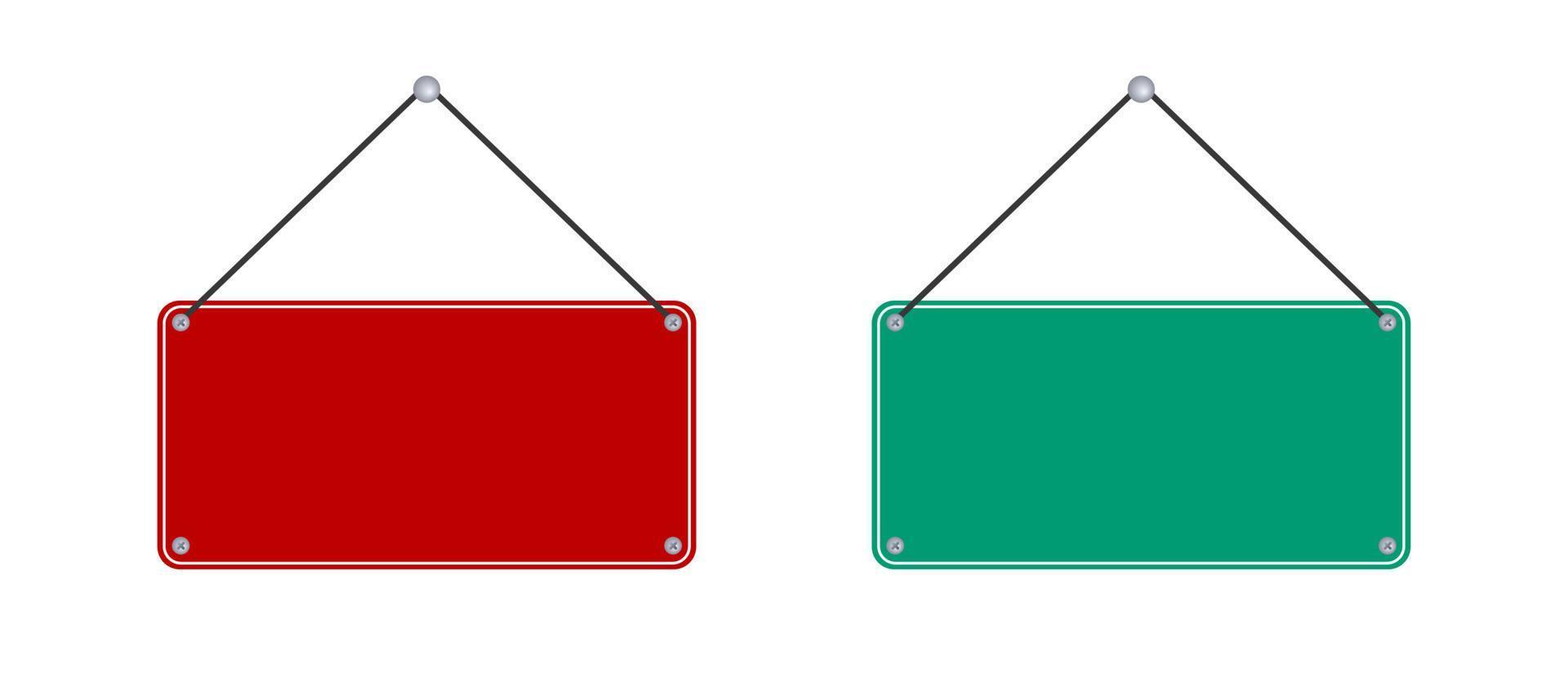 Blank red and green sign plate hanging on white background. Vector illustration.