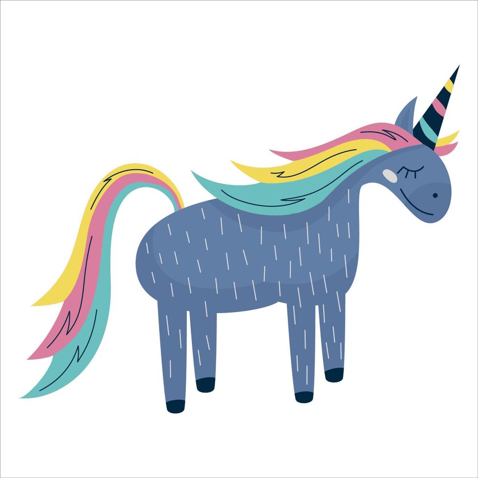 Scandinavian unicorn with rainbow horn isolated on white background.A cute baby horse in a flat style is standing smiling. Handdrawn vector illustration