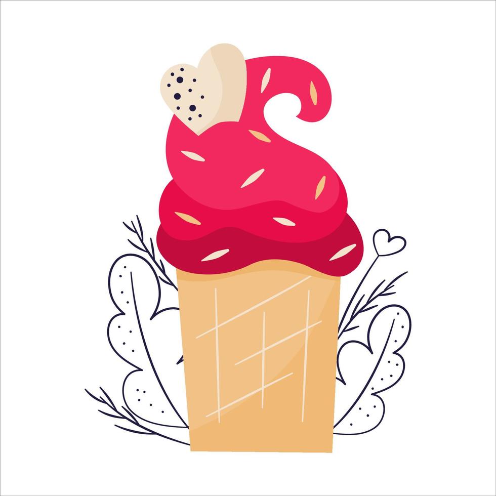 Pink cupcake with heart for Valentine's Day. Waffle cup with cream. Delicious, sweet dessert with decor. Flat vector illustration isolated