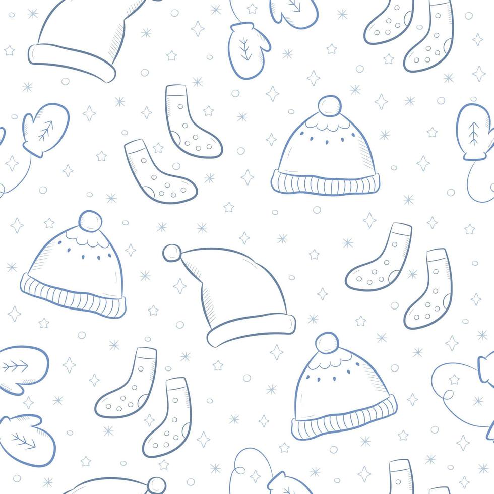 Seamless pattern with winter accessories. Blue background with cute hats, mittens and socks. Vector illustration