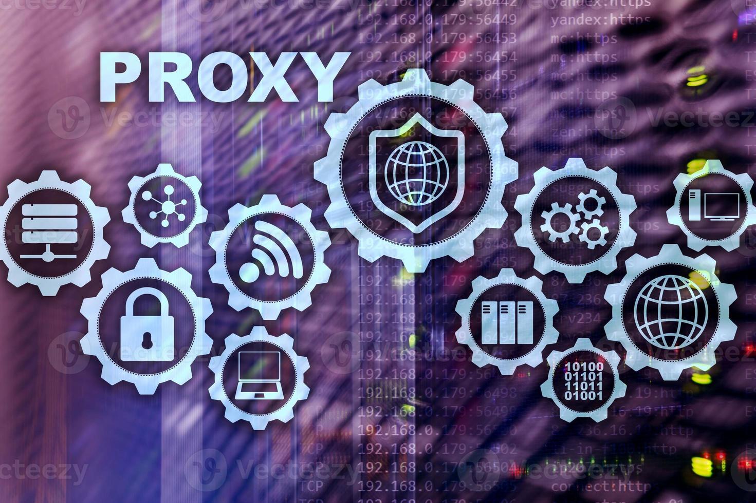 Proxy server. Cyber security. Concept of network security on virtual screen. Server room background photo