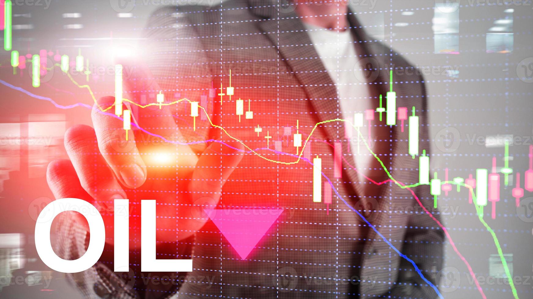 Oil trend down. Candle graph chart Oil barrels and a financial chart on abstract business background. Price oil down. Barrel arrow down photo