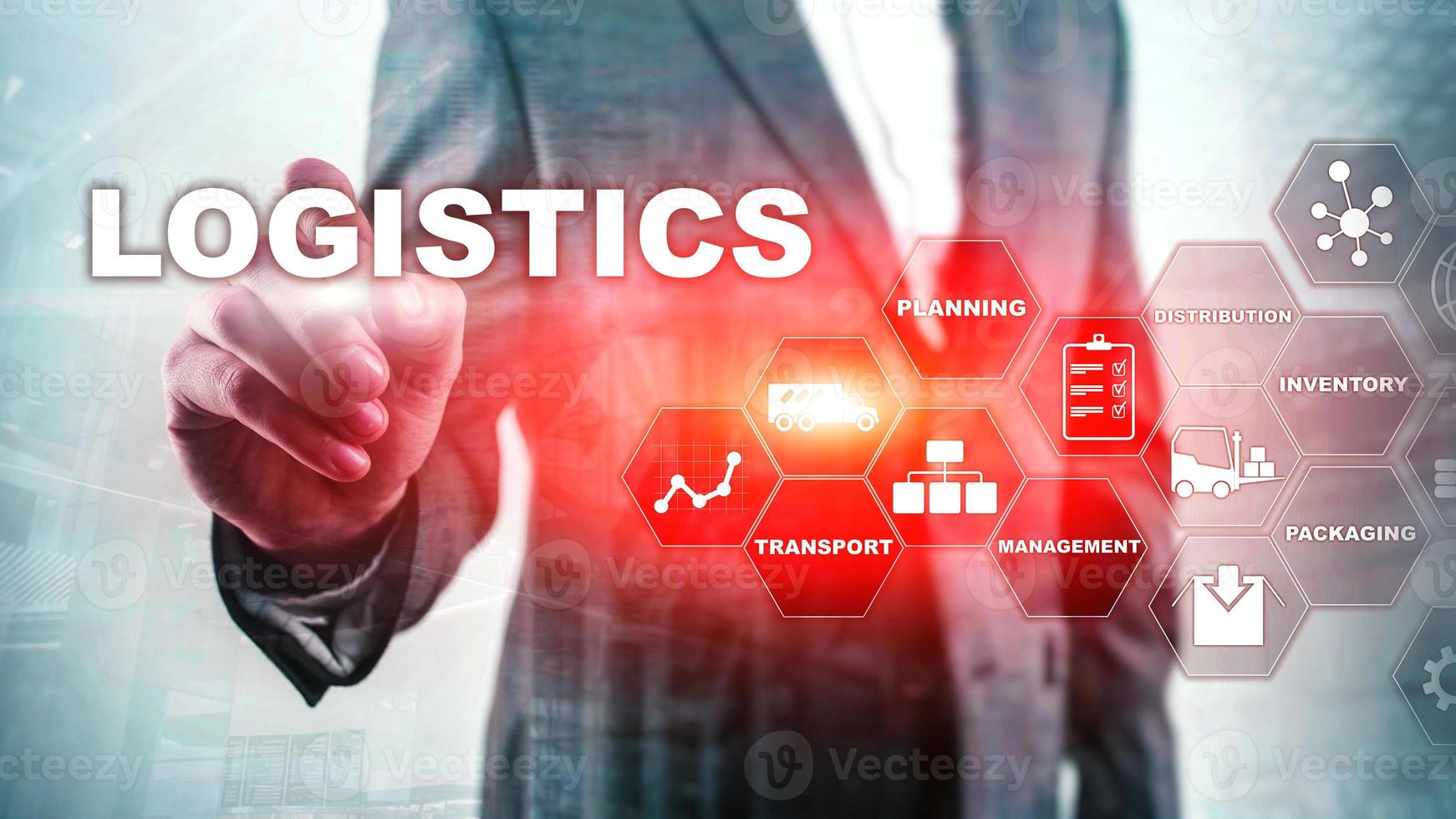 Logistic and transport concept. Businessman shows logistics diagram. Online goods orders. Goods delivery. Mixed media photo