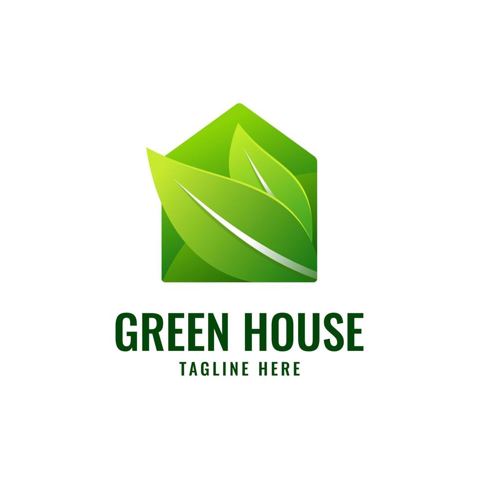diseño de plantilla de logotipo de hoja verde natural y casa, símbolo de icono de bienes raíces en color degradado, acogedor vector de emblema de propiedad de construcción ecológica