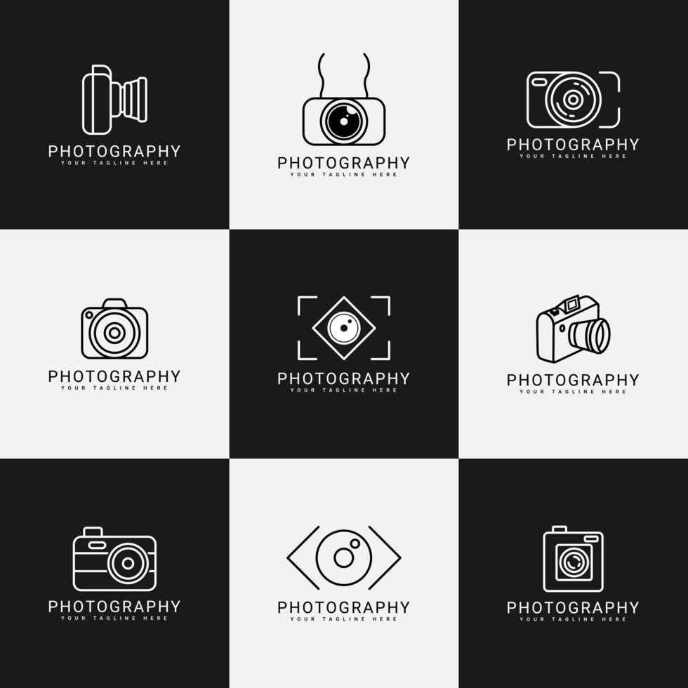 colección de diseño de logotipo de fotografía de cámara, vector de símbolo de artesano de fotógrafo fotográfico creativo, icono de lente sin espejo o dslr etiqueta de marca de agua de arte de línea minimalista