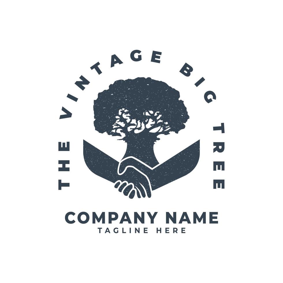 Natural Tree Care Logo Template with Handshake Illustration and Big Tree Icon vector