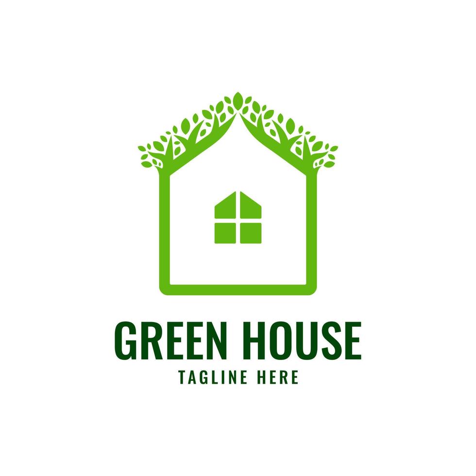 Eco Green House Vector Logo Template with Twigs and Leaves Ornament on the Roof