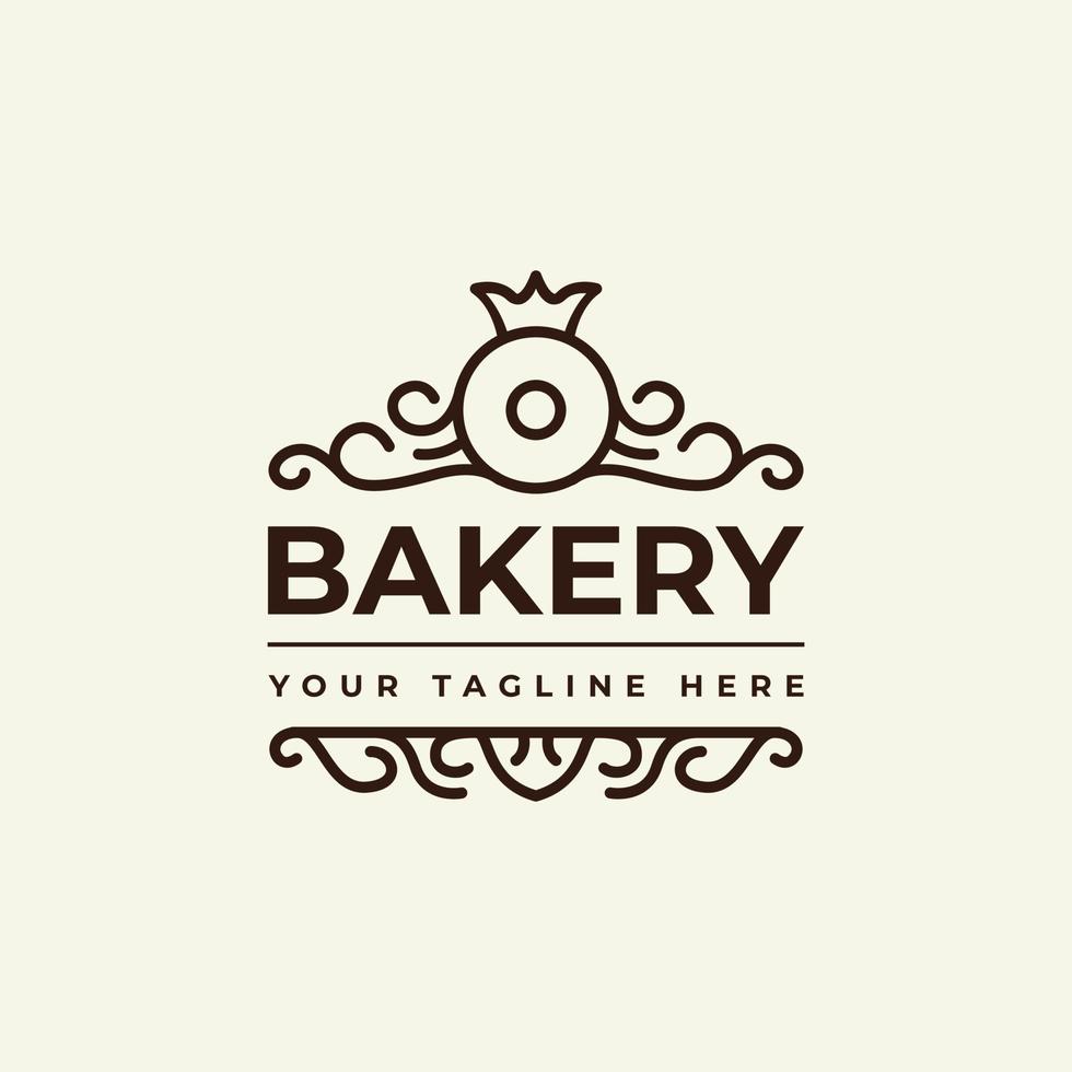 diseño de vector de logotipo para panadería o negocio de panadería casera, con ilustración de icono de donut de estilo elegante, con decoración de elementos ornamentales y corona de rey