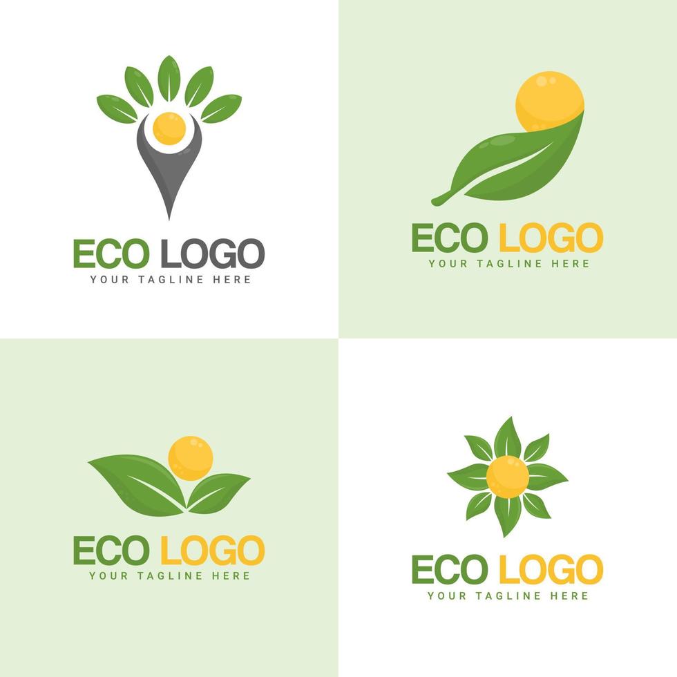 conjunto de plantillas vectoriales de diseño de logotipo de sol y hojas, concepto de símbolo de energía alternativa natural amanecer con plantas verdes icono de logotipo ecológico orgánico fresco productos agrícolas vector