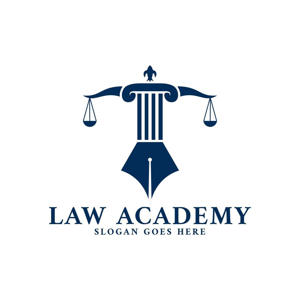 Law Academy Logo Template with Combination of Pillar, Scale, and Pen Vector Icon