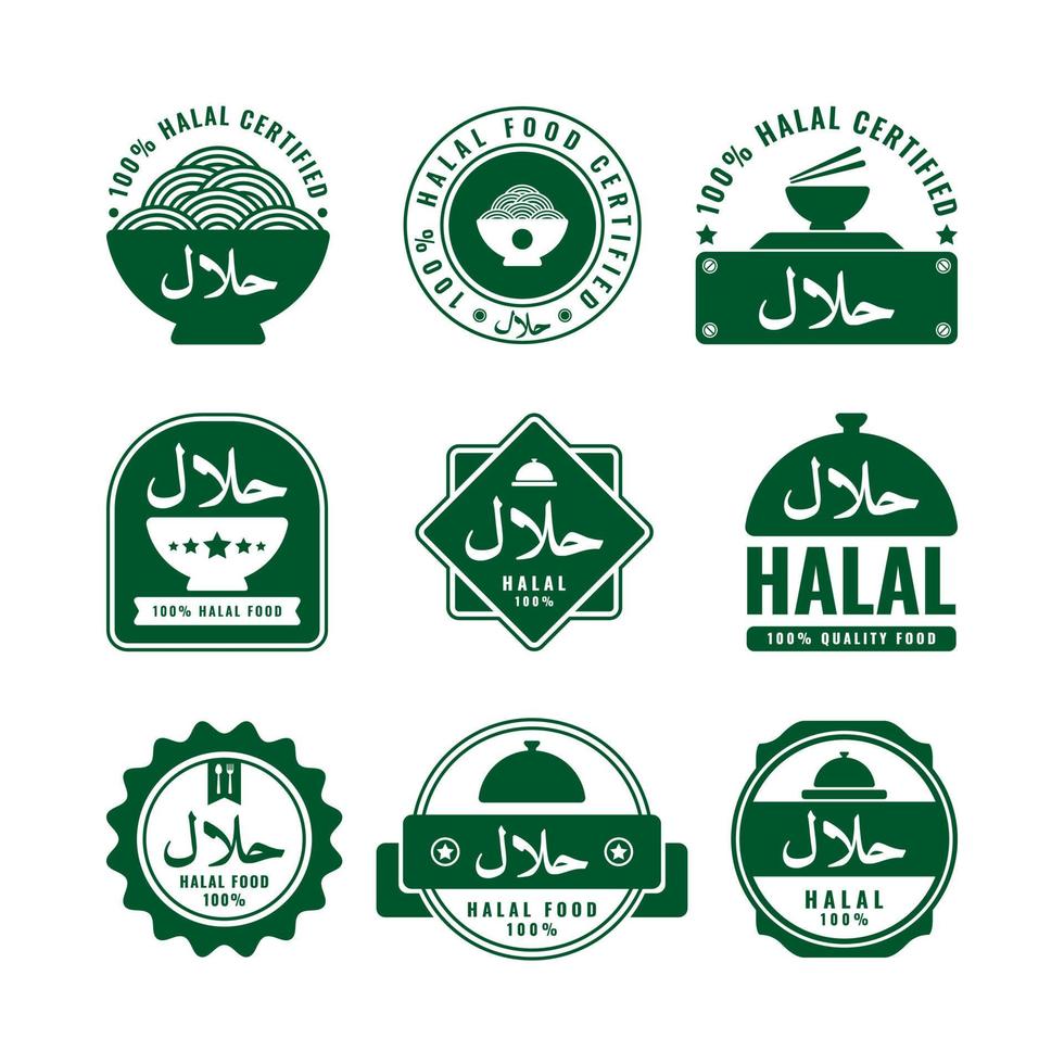 Halal Logo Badge Vector Template Set, Halal Sign Icon Sticker or Stamp for Muslim Food Label