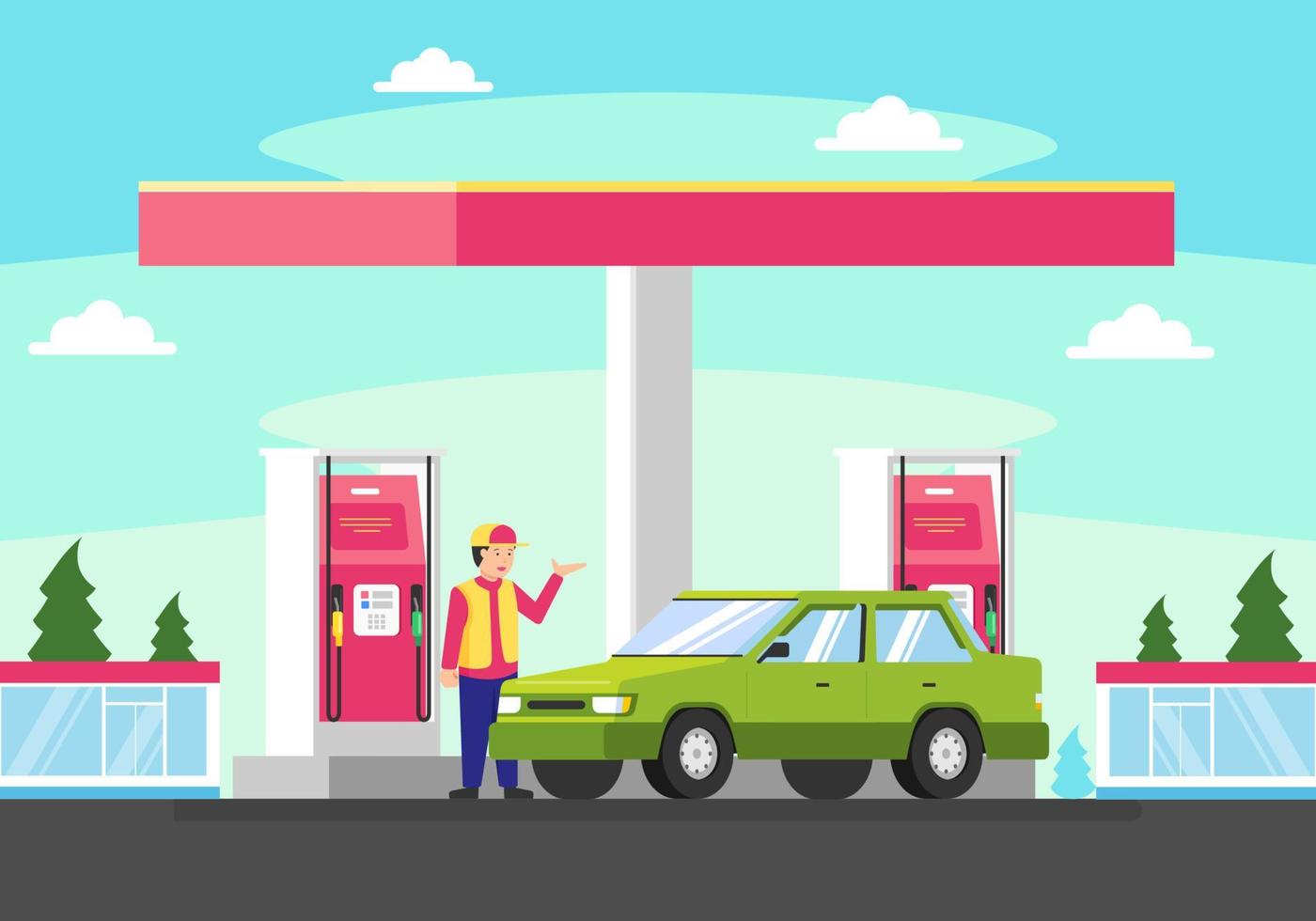 ilustración vectorial coche de repostaje en la gasolinera. recarga de coche azul hasta el depósito lleno de gasolina vector