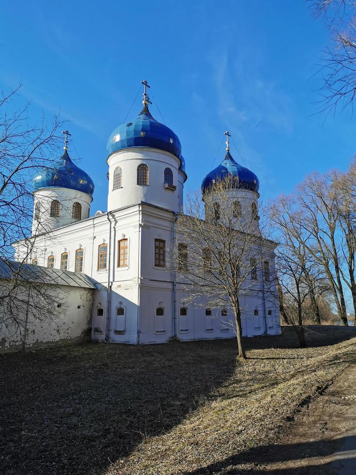 Male monastery in Veliky Novgorod attractions. Old building. Architecture.Blue dome photo
