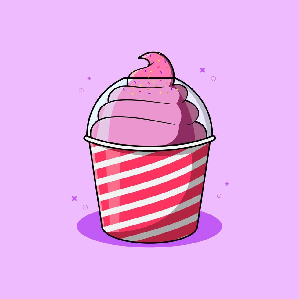 taza de helado de fresa con colorida ilustración de cacao en polvo vector