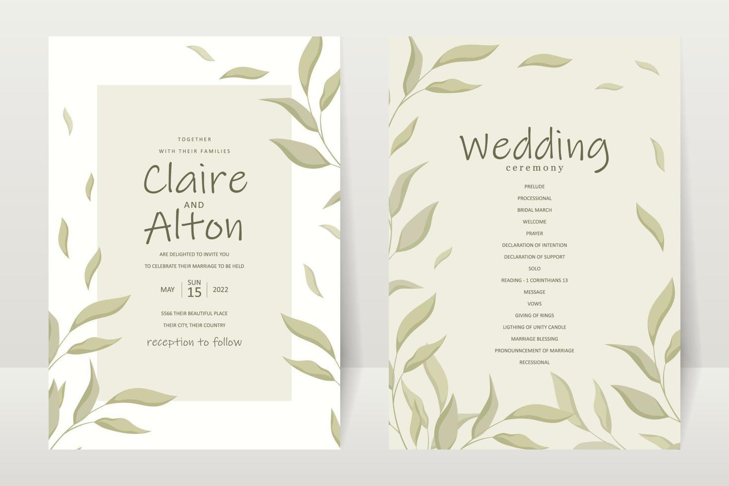 Wedding invitation card template with beautiful leaf ornament vector