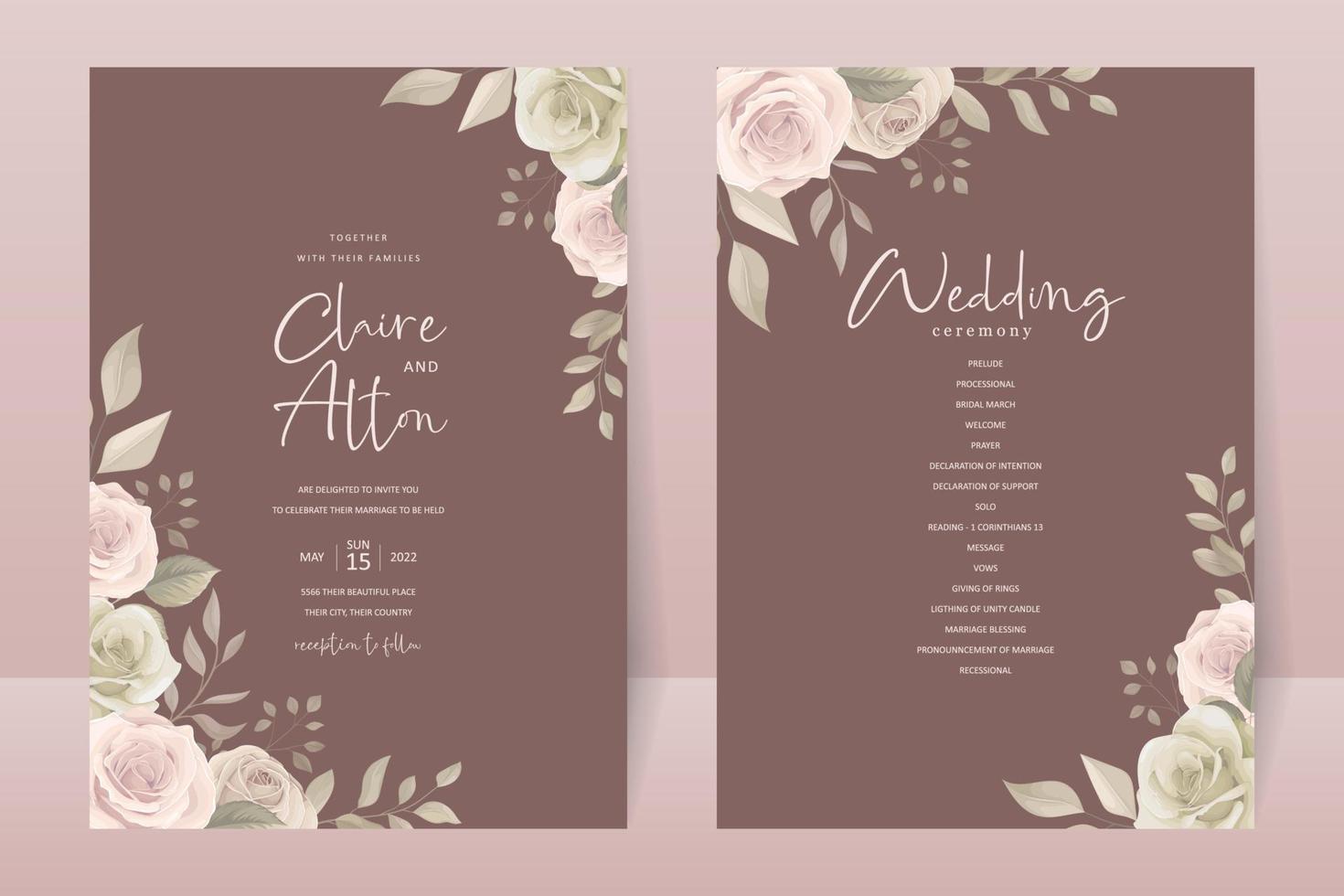 Wedding invitation template with rose flower design vector