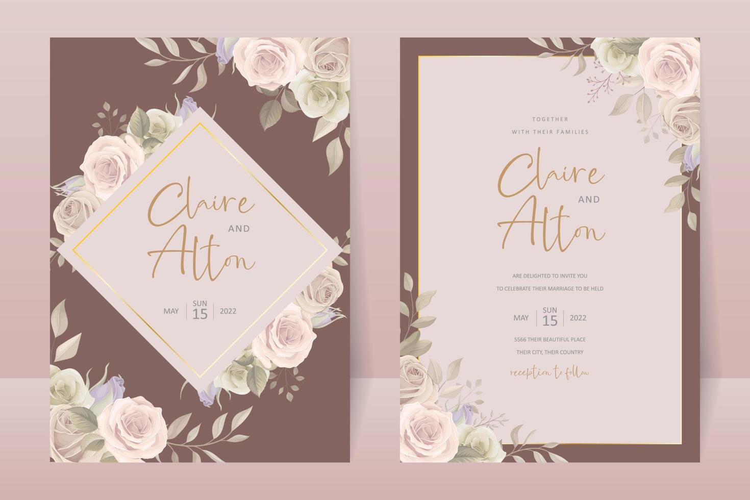 Wedding invitation template with rose flower design vector