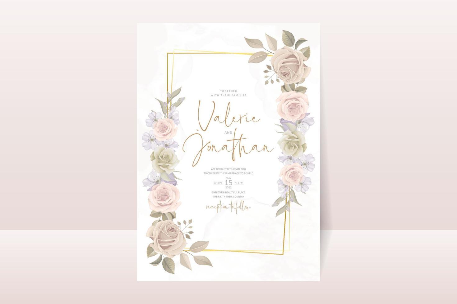 Wedding invitation template with rose flower design vector