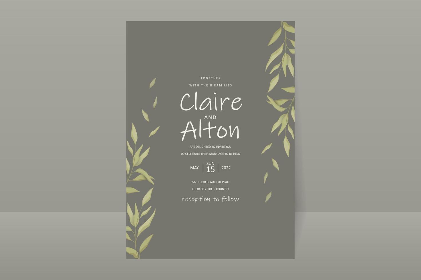 Wedding invitation card template with beautiful leaf ornament vector