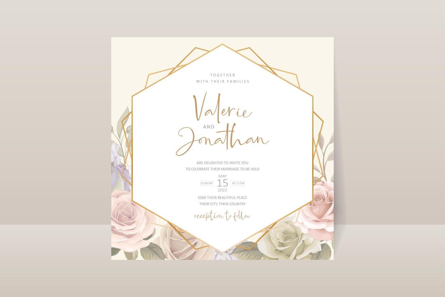Wedding invitation template with rose flower design vector