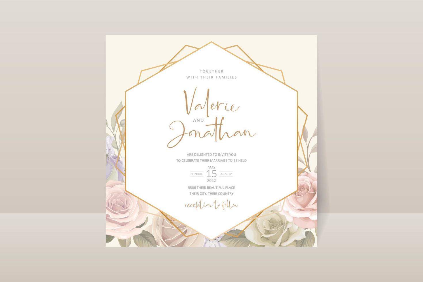 plantilla de invitación de boda con diseño de flor rosa vector