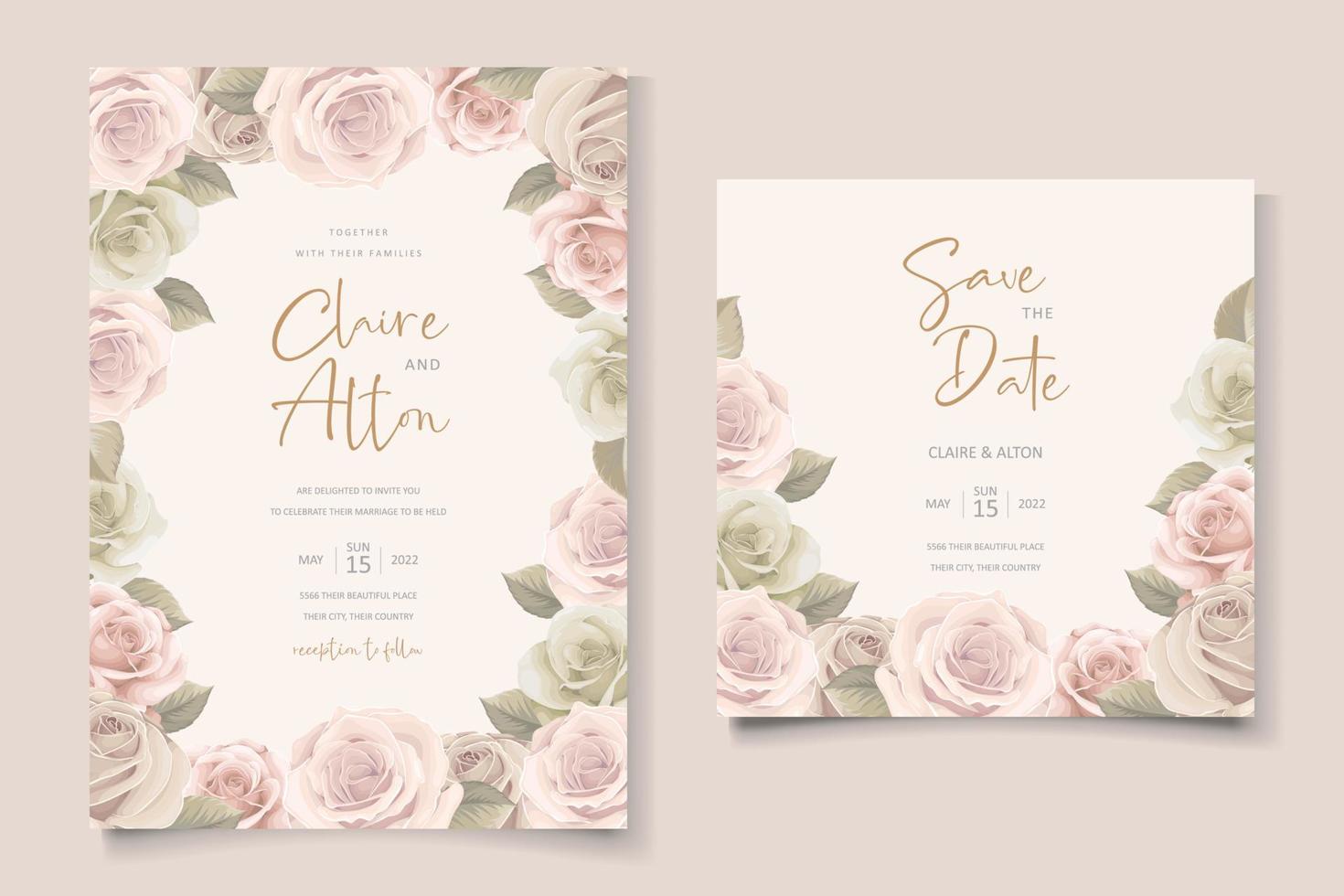 plantilla de invitación de boda con diseño de flor rosa vector