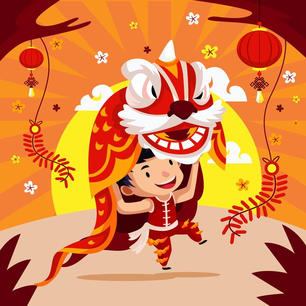 Man Performing Lion Dance on Chinese New Year vector