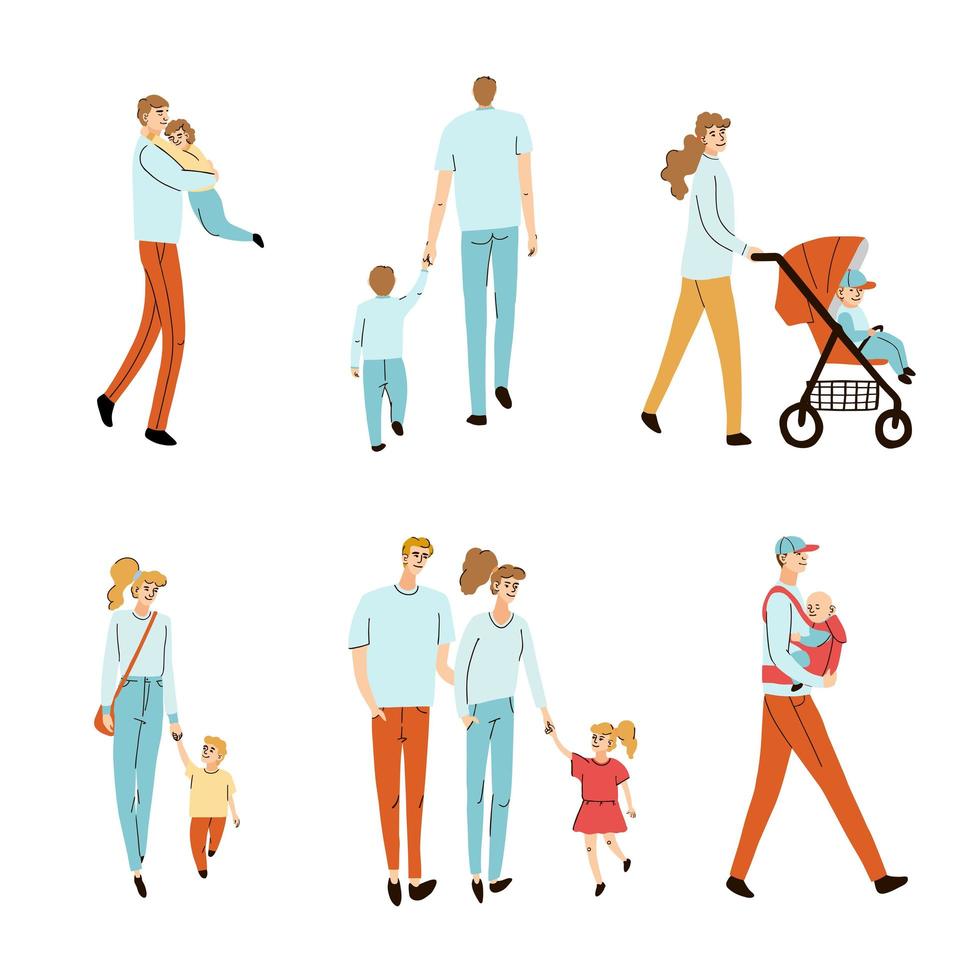 Young family, mom dad and daughter together walking vector