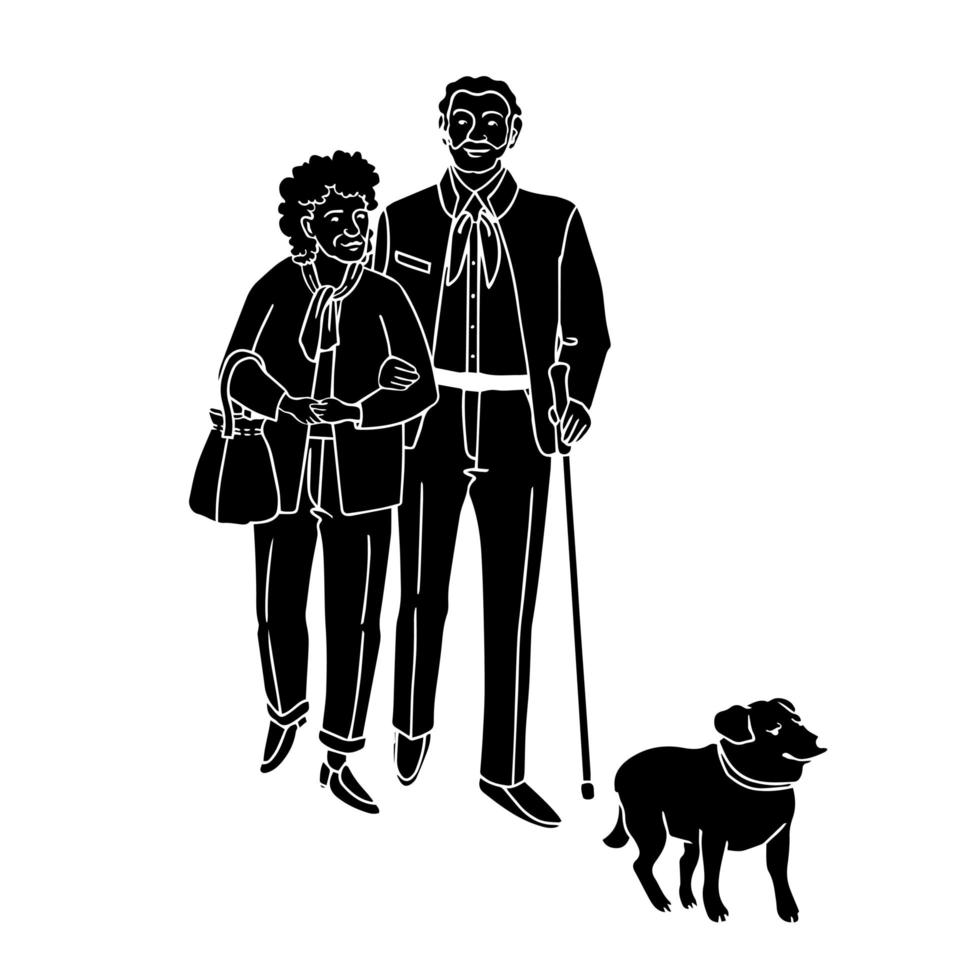 Happy couple of senior people walking with dog vector