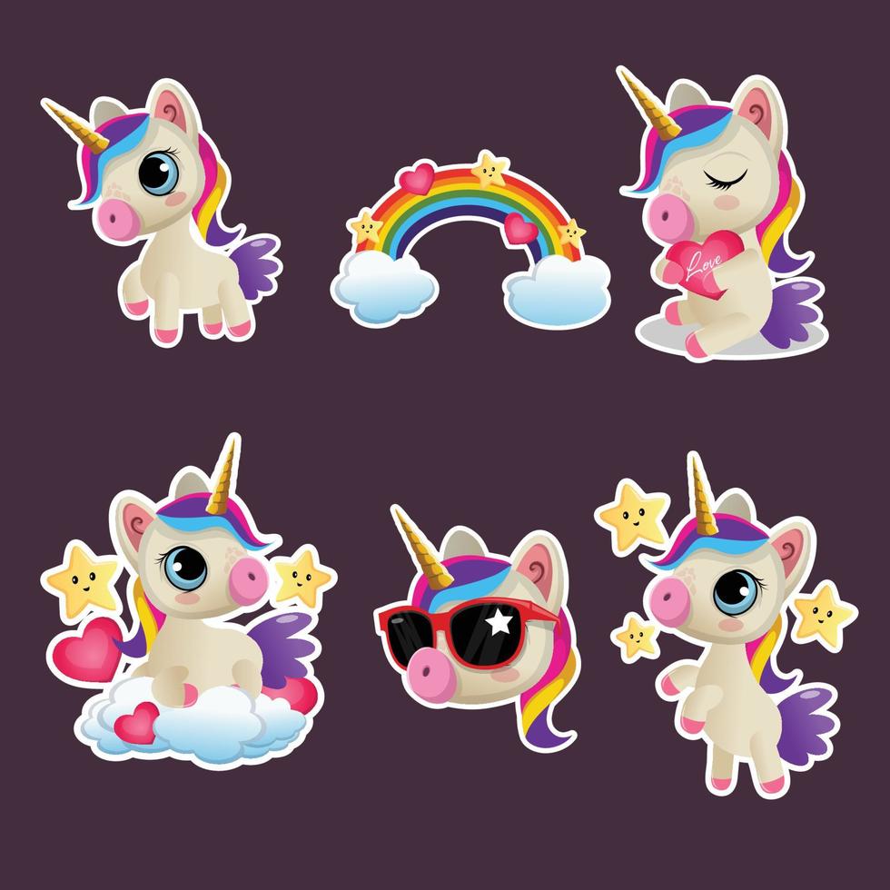 conjunto de pegatinas de unicornio vector