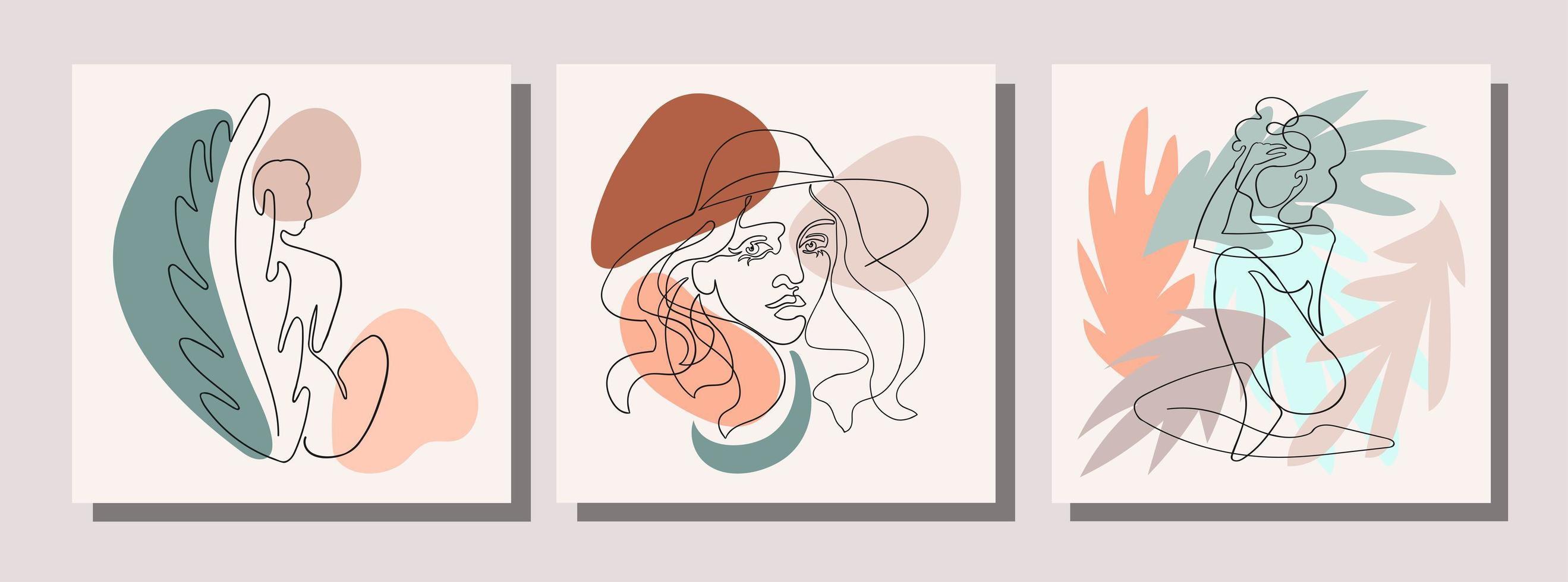 Set with collage modern posters with abstract shapes, exotic leaves and one line illustrations of women body vector