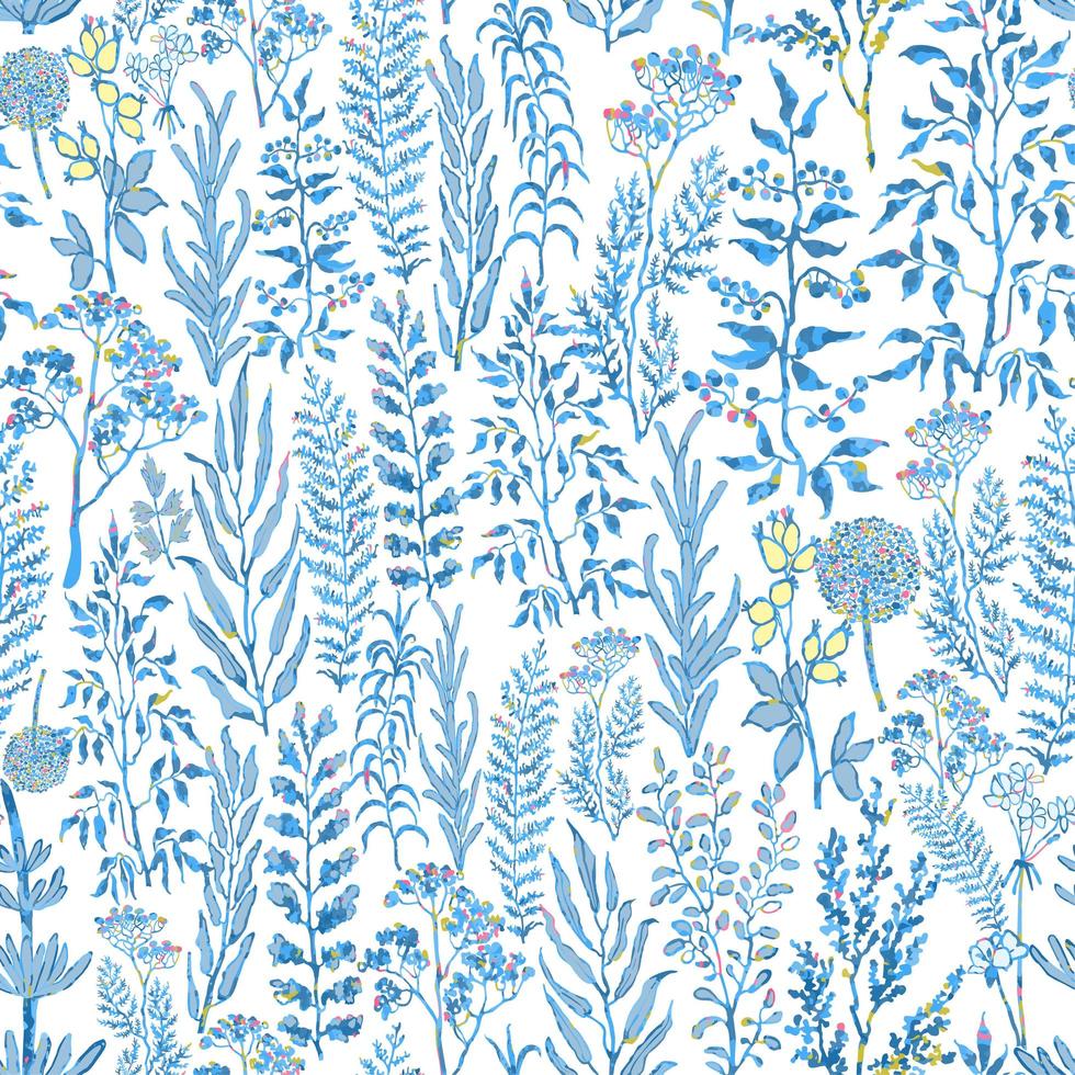 Seamless pattern with herbs, plants and flowers vector