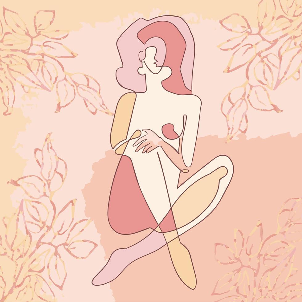 ilustración de contorno de mujer sobre fondo colorido con ilustración floral vector