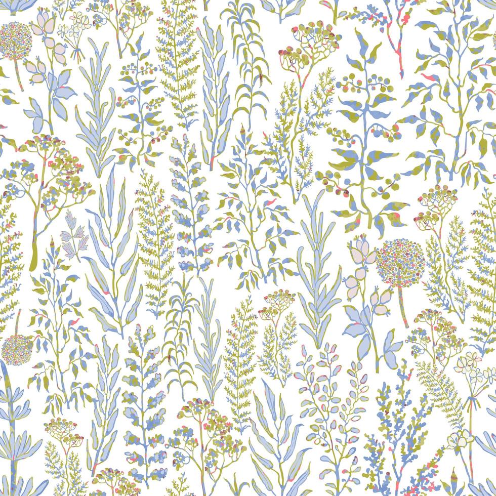 Seamless pattern with herbs, plants and flowers vector