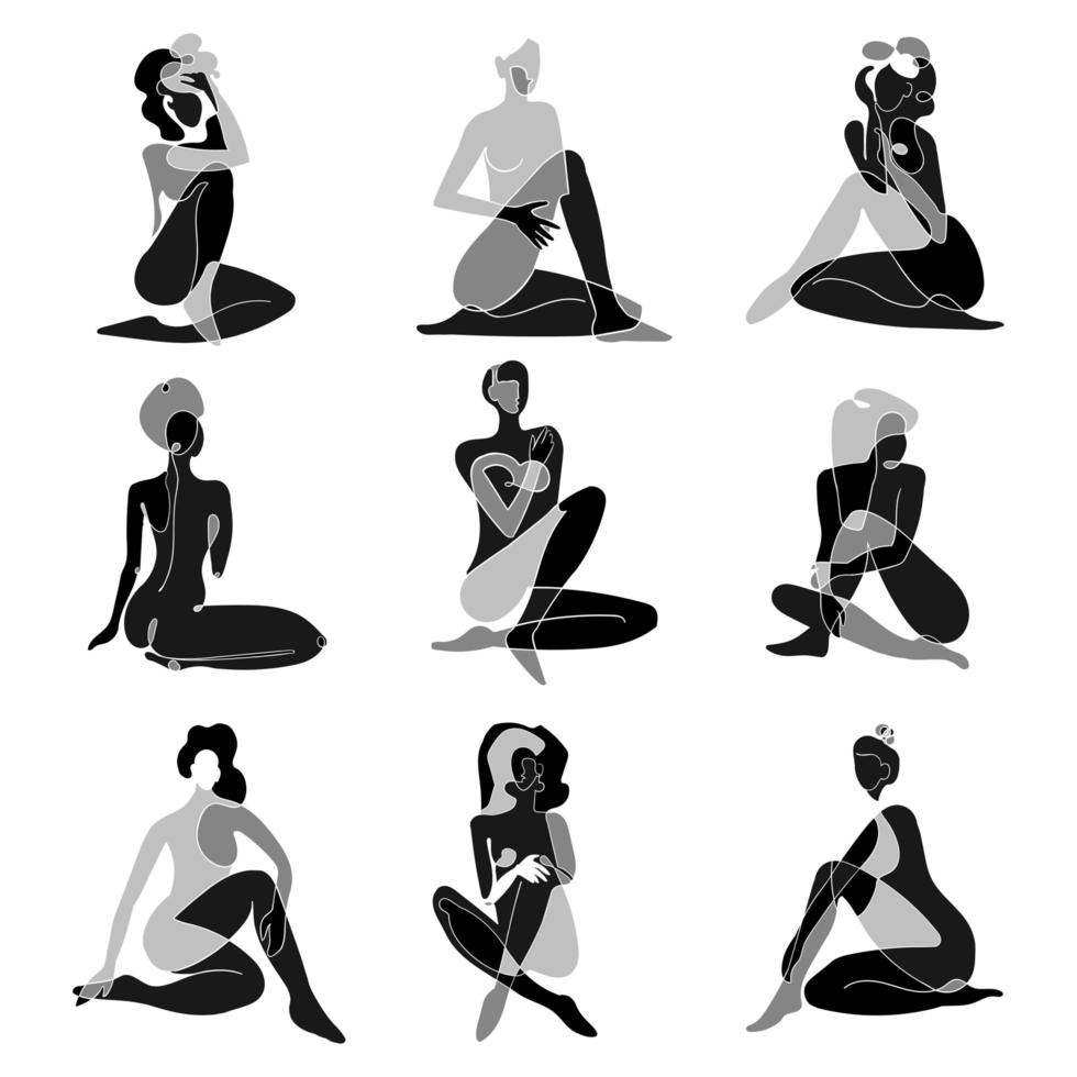 Vector set with black and white illustrations of silhouette woman body