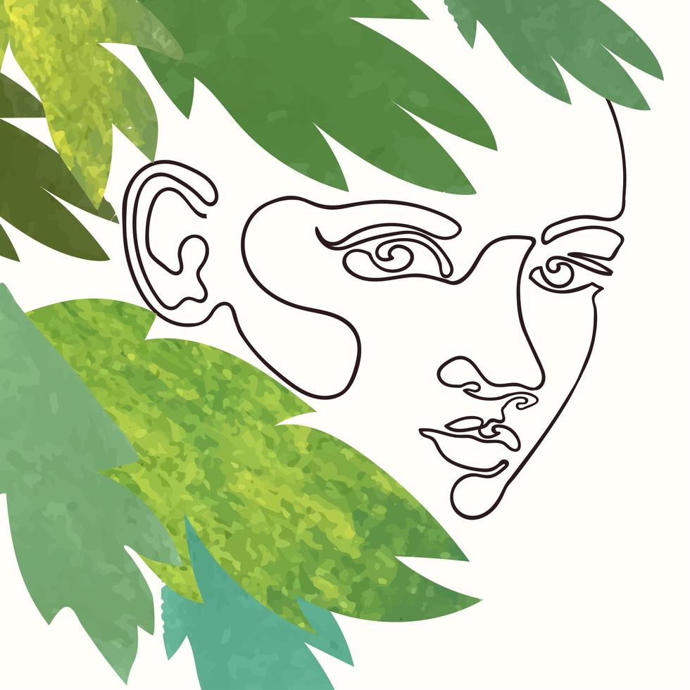 Outline illustration of woman face with exotic leaves vector